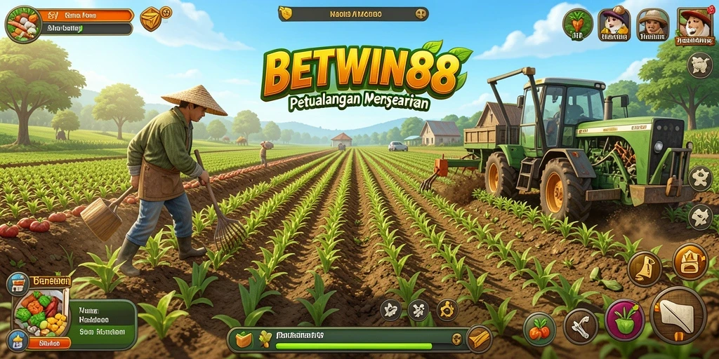 Screenshot utama BETWIN88 menampilkan petani yang merawat ladang hijau dan hewan ternak.