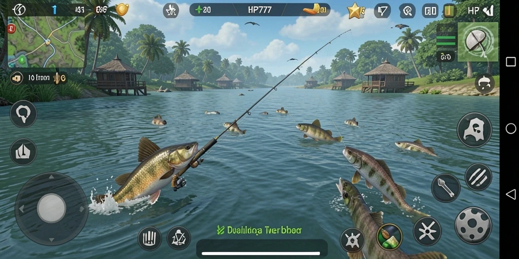Gameplay HP777 menampilkan momen mendebarkan saat memancing ikan besar.