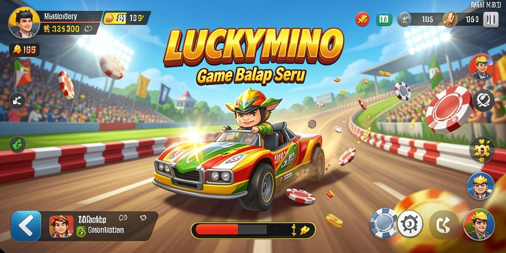 Gameplay LUCKYMINO dengan mobil balap di trek menantang.