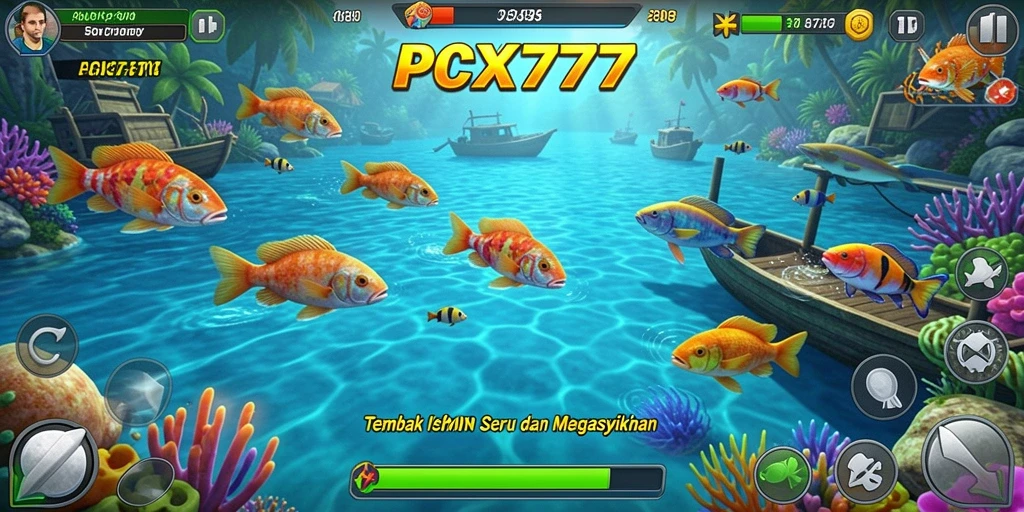 Screenshot gameplay PCX777 menampilkan aksi seru menembak ikan.