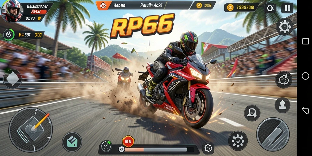 Screenshot RP66 menampilkan aksi balapan motor yang mendebarkan.