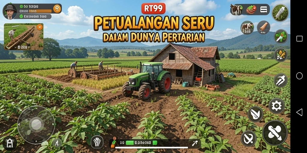 Tangkapan layar gameplay RT99 menampilkan suasana pertanian yang vibrant.